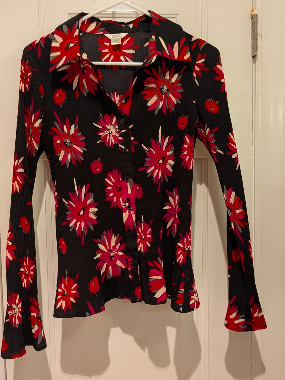 Christopher & Banks Black Floral Button-Front Blouse with Pink & Red Blooms